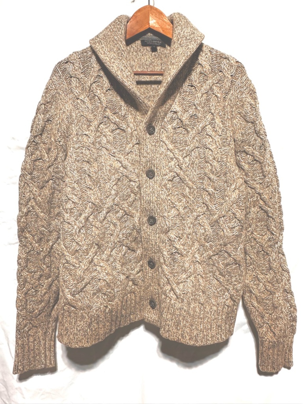Banana Republic Wool Cable Knit Cardigan Shawl Collar Fisherman Sweater L
